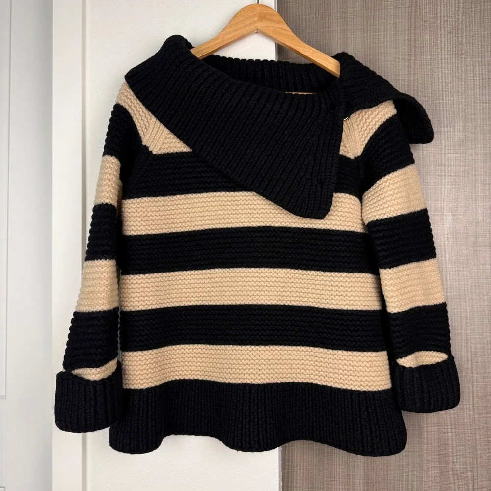 Kate Spade Black Tan Stripe Collared Knit Sweater Chunky 100% Wool Large‎